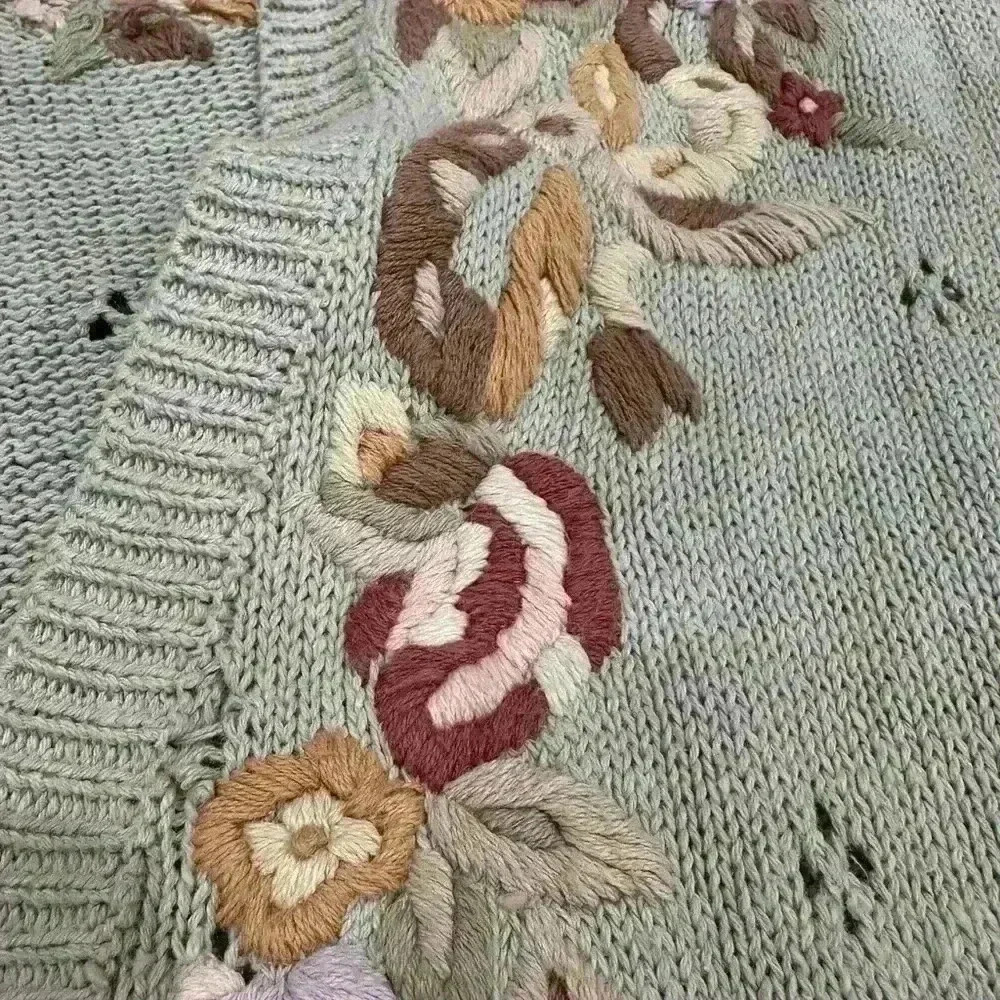 Margules vintage Knit Embroidered Cottagecore Mint Floral Cardigan Sweater large - Picture 2 of 6